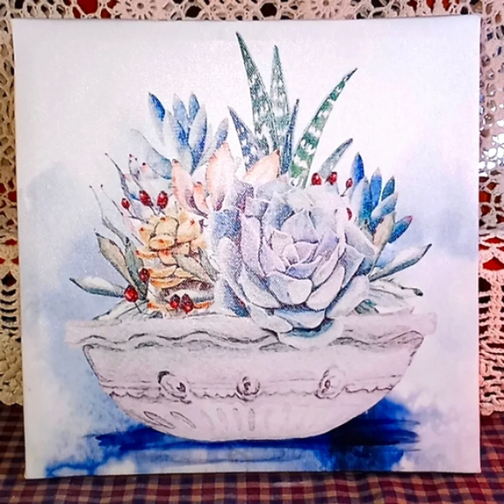 BEAUTIFUL WATERCOLOR OF A BOWL OF MIXED SUCCULANTS FRAMED ON CANVAS FRAME